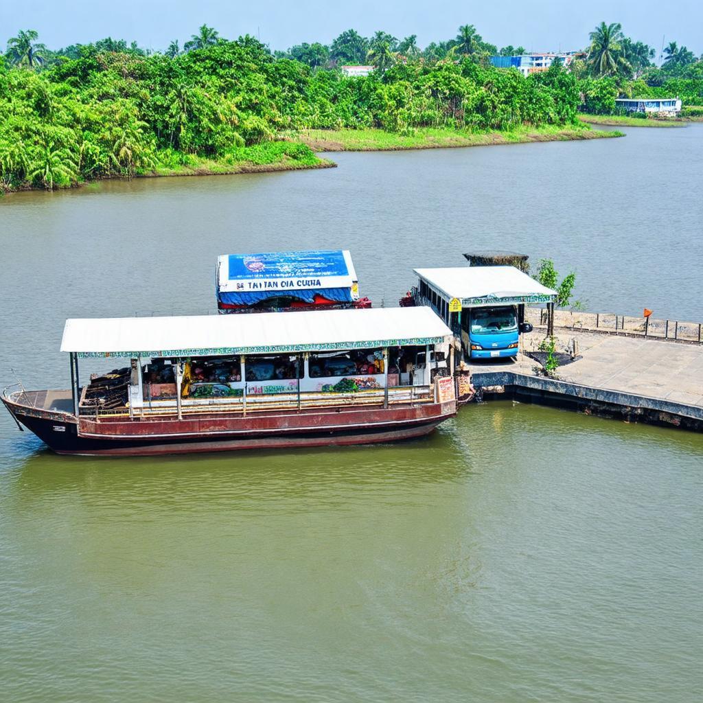Toan canh ben pha Binh Tan Cua Dai Ben Tre dong thuyen xe